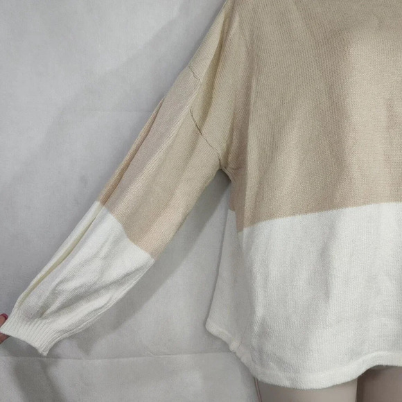 White Grey Tan Colorblock Knit Sweater Boxy Oversize Women Size L Bubble Sleeve - Picture 3 of 6